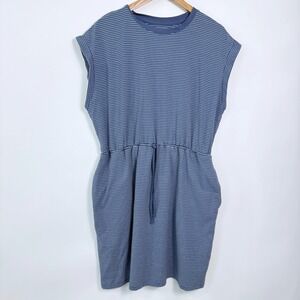 A New Day Women's XXL Blue Striped T Shirt Dress Drawstring Waist Pockets